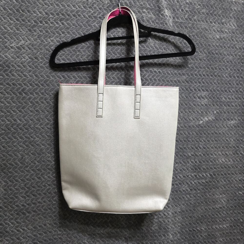 Dillard’s Metallic Silver Tote Bag Pink Lining Shoulder Shopper Purse - Picture 7 of 8